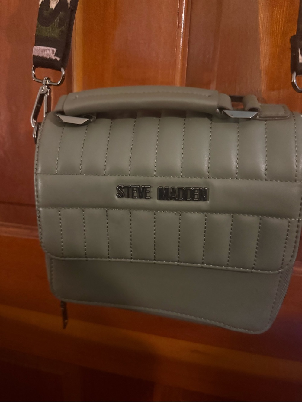 Steve Madden Quilted Sage Green Crossbody with Patterned Strap
